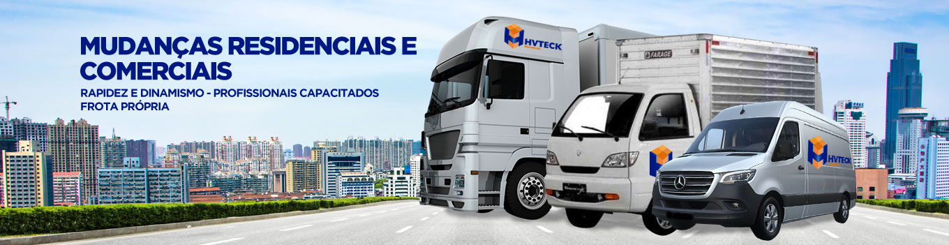 Frota de caminhões e vans da Hyteck Mudanças com slogan: Mudanças residenciais e comerciais, rapidez e dinamismo, profissionais capacitados, frota própria